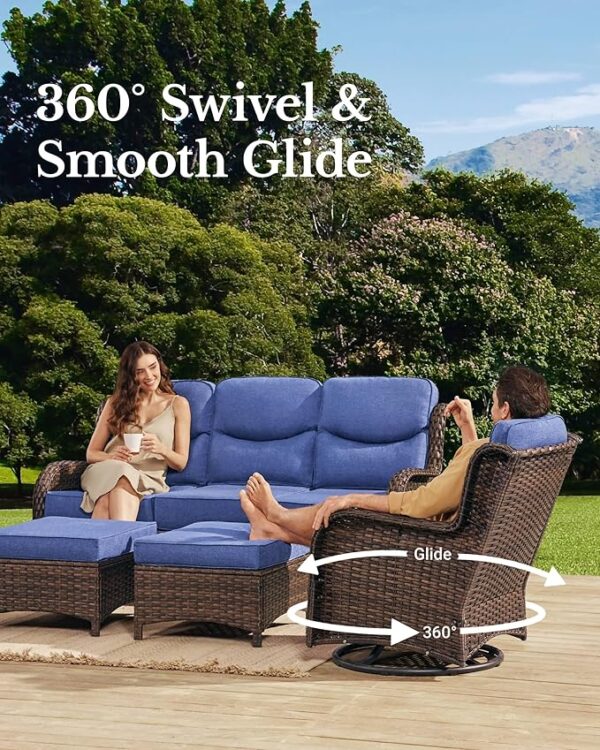 Luxury Patio Furniture Set with 6-inch Thick Cushion, Outdoor Couch and High Back Swivel Rocker Patio Chairs, 7PCS Wicker Conversation Set for Deck, Yard, and Poolside in Blue (V2) - Image 5
