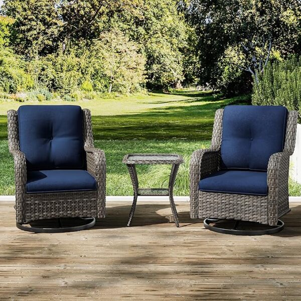 Joyside Outdoor Swivel Rocker Patio Chairs Set of 2 and Matching Side Table - 3 Piece Wicker Patio Bistro Set with Premium & Soft Fabric Cushions(Mixed Grey/Blue) - Image 6