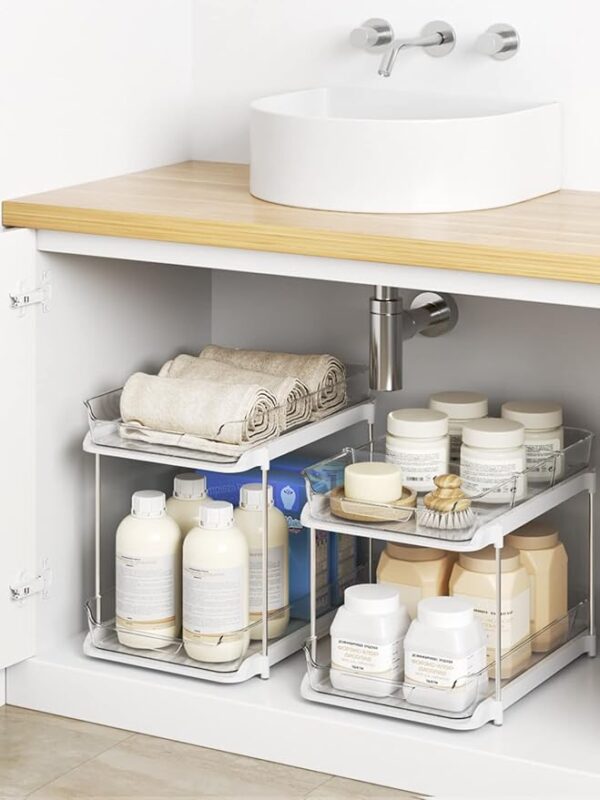 Delamu 2 Sets of 2-Tier Multi-Purpose Bathroom Under Sink Organizers and Storage, Stackable Kitchen Pantry Organization, Pull Out Medicine Cabinet Organizer with 8 Movable Dividers - Image 5