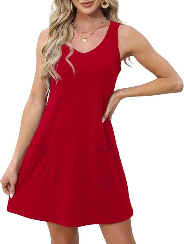 OFEEFAN Womens Summer Dresses 2025 V Neck Sleeveless Sundresses with Pockets Beach Vacation Clothes Floral/Plain - Image 5