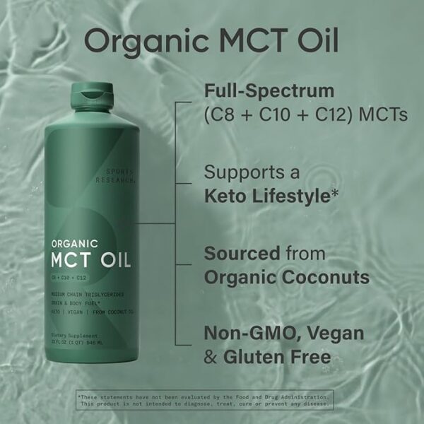 Sports Research Organic MCT Oil - Keto & Vegan MCTs C8, C10, C12 from Coconuts - Fatty Acid Brain & Body Fuel, Non-GMO & Gluten Free - Flavorless Oil, Perfect in Coffee, Tea & Protein Shakes - 32 oz - Image 4