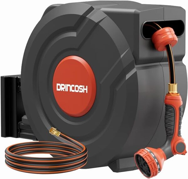 3rd Generation Retractable Garden Hose 130 ft x 1/2 inch Heavy Duty Wall-Mounted Hose Reels for Outside 180° Swivel Automatic Slow Return Any Length Lock 9 Pattern Nozzle UV Resistant (Black)