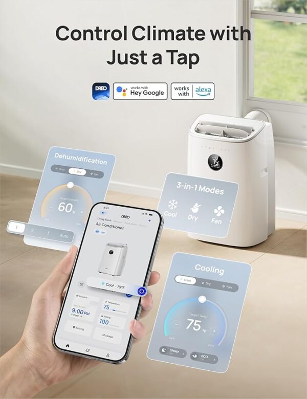 Dreo Portable Air Conditioners, 8000 BTU ASHRAE (5000 BTU DOE) Smart AC Unit for Bedroom with Drainage-free Cooling, 45dB Quiet, APP/Voice/Remote, Portable AC for Room Indoors, AC318S - Image 2