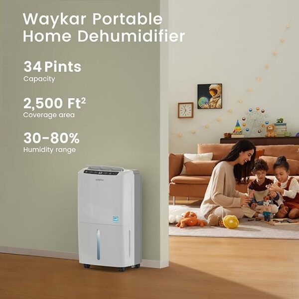 Waykar 2000 Sq. Ft Most Efficient Energy Star 2025 Dehumidifier for Home and Basement with Auto or Manual Drainage, Quiet 33dB Operation, 0.6 Gallon Water Tank Capacity - Image 6