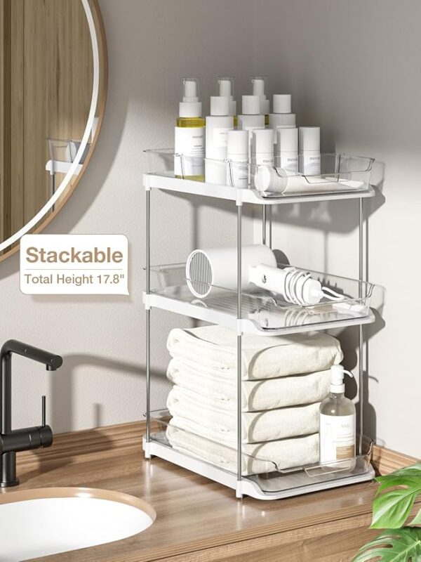 Delamu 2 Sets of 2-Tier Multi-Purpose Bathroom Under Sink Organizers and Storage, Stackable Kitchen Pantry Organization, Pull Out Medicine Cabinet Organizer with 8 Movable Dividers - Image 3
