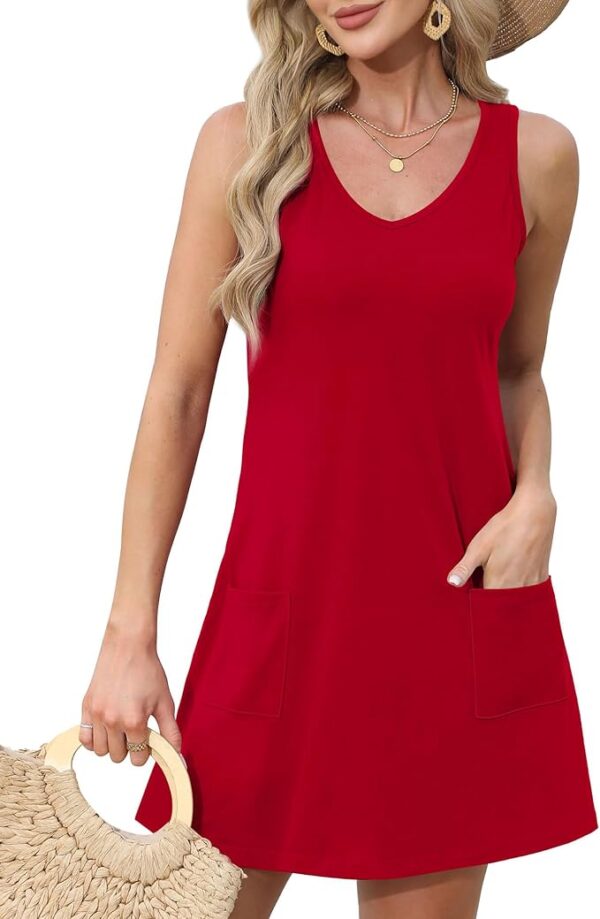 OFEEFAN Womens Summer Dresses 2025 V Neck Sleeveless Sundresses with Pockets Beach Vacation Clothes Floral/Plain - Image 3