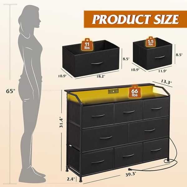 WLIVE Led Dresser for Bedroom, Black Dresser TV Stand for Bedroom with LED Lights and Power Outlet, Wide Chest of Drawers for Hallway, 8 Fabric Drawers for Living Room and Entryway, Easy to Assemble - Image 5