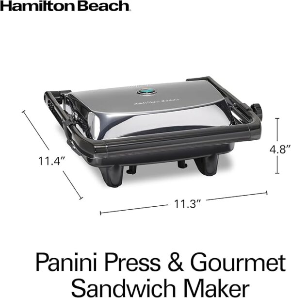 Hamilton Beach Panini Press Sandwich Maker & Electric Indoor Grill with Locking Lid, Opens 180 Degrees for any Thickness for Quesadillas, Burgers & More, Nonstick 8" x 10" Grids, Chrome (25460AG) - Image 2
