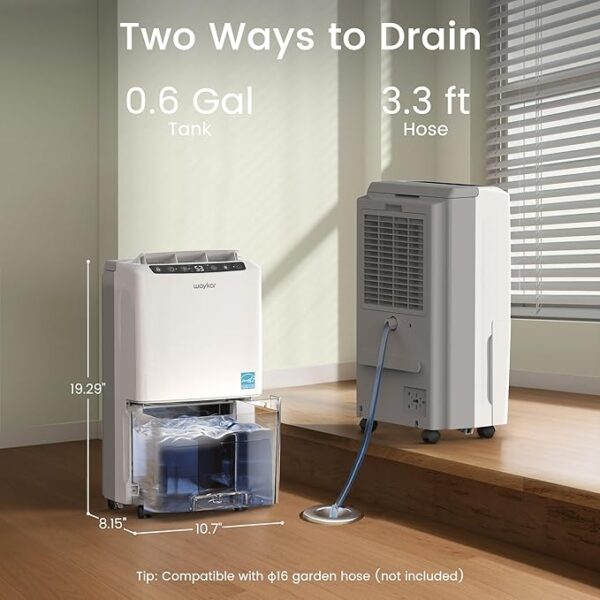 Waykar 2000 Sq. Ft Most Efficient Energy Star 2025 Dehumidifier for Home and Basement with Auto or Manual Drainage, Quiet 33dB Operation, 0.6 Gallon Water Tank Capacity - Image 5