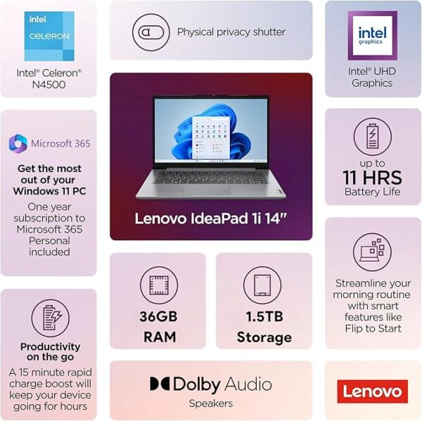Lenovo IdeaPad 1i Laptop with Microsoft 365 Home and Business • 20GB RAM • 1TB Cloud Storage and 256GB SSD • Intel Core • 14 Anti-Glare Screen • WiFi-6 • 11HR Battery • Windows 11 • w/o Earbuds - Image 7