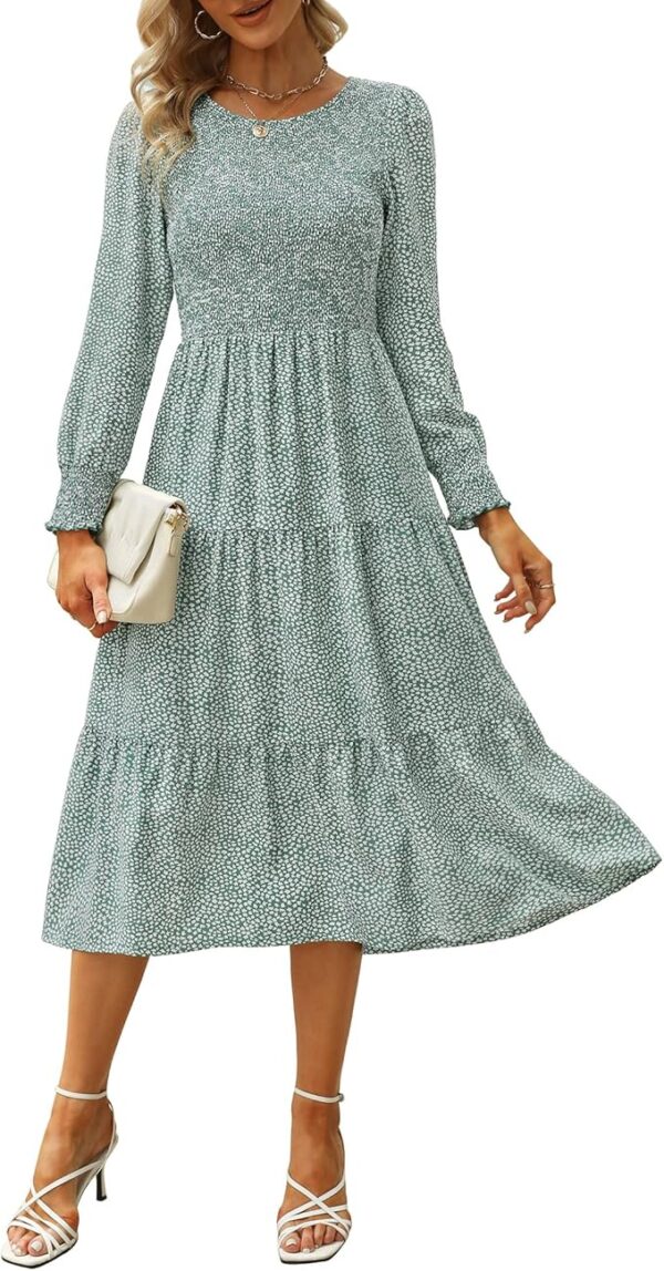 Zattcas Womens Fall Dresses 2025 Casual Long Sleeve Smocked Boho Floral Tiered Midi Wedding Guest Dress with Pockets