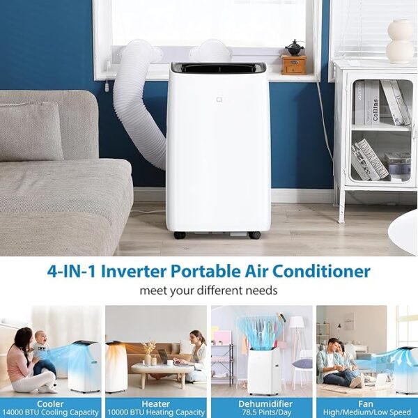 Portable Air Conditioners, 14000 BTU Air Conditioner for Rooms Up to 750 Sq.Ft, AC Unit with Heat, Sleep Mode, Dehumidifier, Fan, Remote Control, 24H Timer, Easy Setup for Bedrooms, Black Top - Image 2