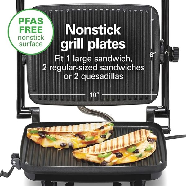 Hamilton Beach Panini Press Sandwich Maker & Electric Indoor Grill with Locking Lid, Opens 180 Degrees for any Thickness for Quesadillas, Burgers & More, Nonstick 8" x 10" Grids, Chrome (25460AG) - Image 3