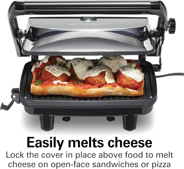 Hamilton Beach Panini Press Sandwich Maker & Electric Indoor Grill with Locking Lid, Opens 180 Degrees for any Thickness for Quesadillas, Burgers & More, Nonstick 8" x 10" Grids, Chrome (25460AG) - Image 4