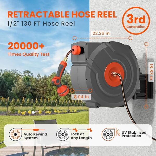 3rd Generation Retractable Garden Hose 130 ft x 1/2 inch Heavy Duty Wall-Mounted Hose Reels for Outside 180° Swivel Automatic Slow Return Any Length Lock 9 Pattern Nozzle UV Resistant (Black) - Image 3
