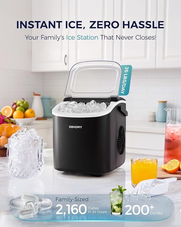 EUHOMY Countertop Ice Maker Machine with Handle, 26lbs in 24Hrs, 9 Ice Cubes Ready in 6 Mins, Auto-Cleaning Portable Ice Maker with Basket and Scoop, for Home/Kitchen/Camping/RV. (Black) - Image 3