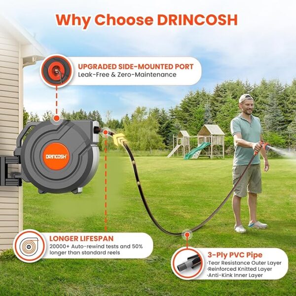 3rd Generation Retractable Garden Hose 130 ft x 1/2 inch Heavy Duty Wall-Mounted Hose Reels for Outside 180° Swivel Automatic Slow Return Any Length Lock 9 Pattern Nozzle UV Resistant (Black) - Image 6
