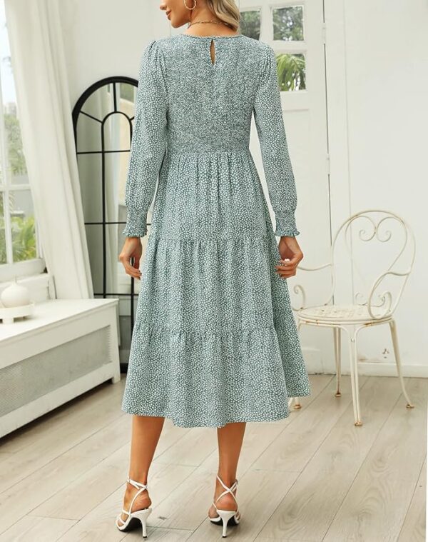 Zattcas Womens Fall Dresses 2025 Casual Long Sleeve Smocked Boho Floral Tiered Midi Wedding Guest Dress with Pockets - Image 5