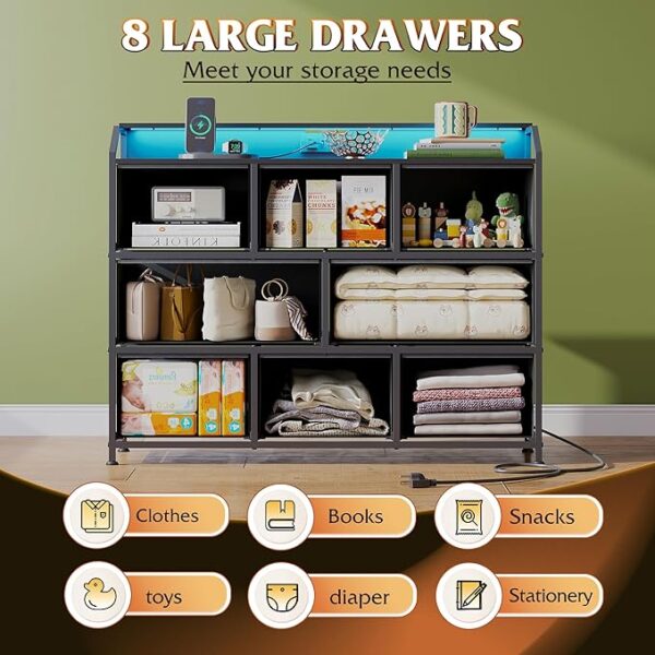 WLIVE Led Dresser for Bedroom, Black Dresser TV Stand for Bedroom with LED Lights and Power Outlet, Wide Chest of Drawers for Hallway, 8 Fabric Drawers for Living Room and Entryway, Easy to Assemble - Image 3