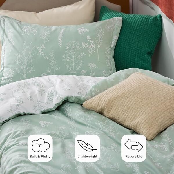 Bedsure Twin/Twin XL Comforter Set - Sage Green Bed Set, 2 Pieces Cute Floral Bedding, 1 Soft Reversible Botanical Flowers Comforter and 1 Pillow Sham - Image 5