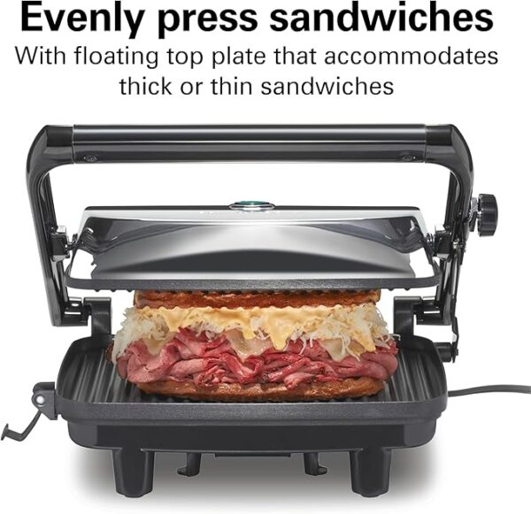 Hamilton Beach Panini Press Sandwich Maker & Electric Indoor Grill with Locking Lid, Opens 180 Degrees for any Thickness for Quesadillas, Burgers & More, Nonstick 8" x 10" Grids, Chrome (25460AG) - Image 5