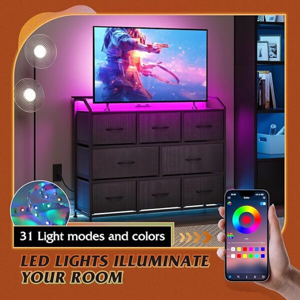 WLIVE Led Dresser for Bedroom, Black Dresser TV Stand for Bedroom with LED Lights and Power Outlet, Wide Chest of Drawers for Hallway, 8 Fabric Drawers for Living Room and Entryway, Easy to Assemble - Image 4