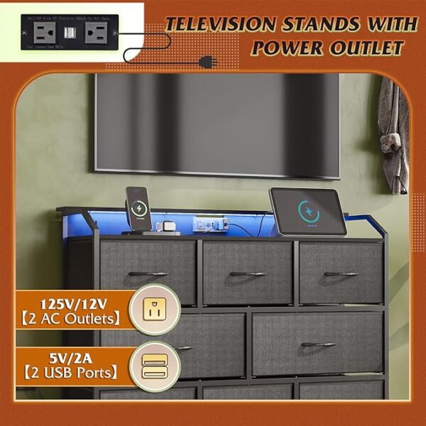 WLIVE Led Dresser for Bedroom, Black Dresser TV Stand for Bedroom with LED Lights and Power Outlet, Wide Chest of Drawers for Hallway, 8 Fabric Drawers for Living Room and Entryway, Easy to Assemble - Image 2