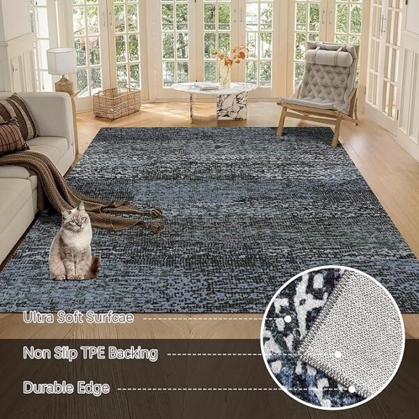 Washable Area Rug - 1/6 Thick - Stain & Water Resistant Non-Slip - Resistant Rug for Living Room, Bedroom, Nursery, Pet & Child Friendly, Vintage Charm Area Rugs (Darkgrey+Bule, 8' x 10') - Image 3